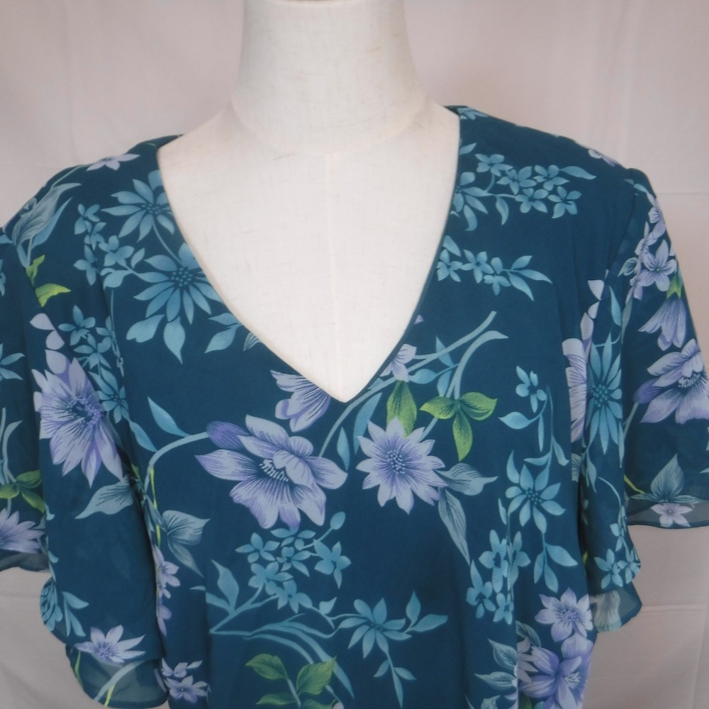 Anthony Richards Teal Floral Chiffon Midi Dress Flutter Sleeve V-Neck 22W - Picture 5 of 11